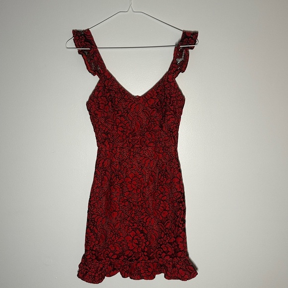revolve about us red and black cute mini dress ruffle and lace size xs - Picture 1 of 7